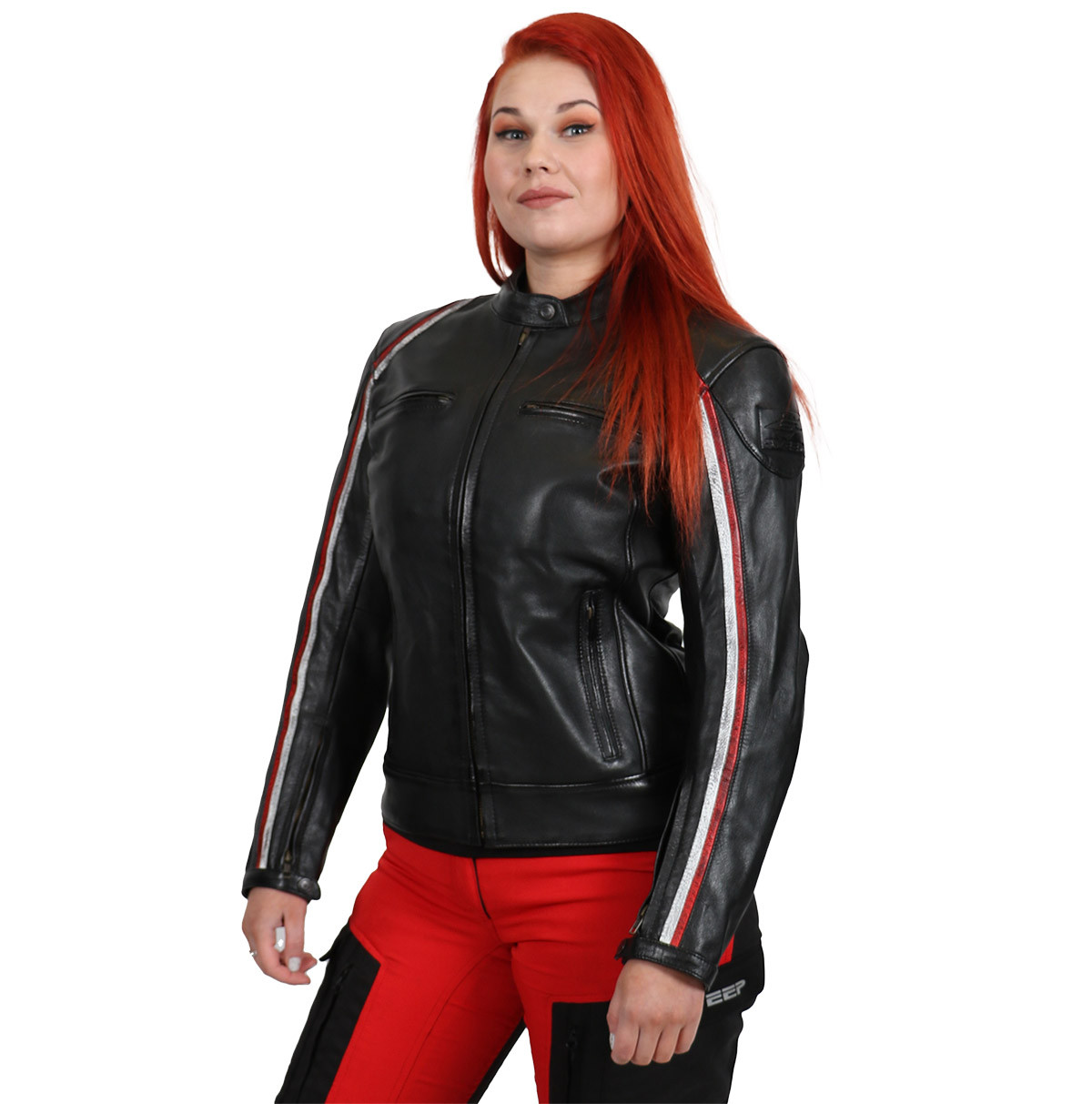 Sweep Roadster ladies leather jacket, black/white/red - Motorbike